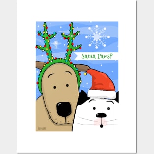 Cat Dog Surprised by Santa Paws Posters and Art